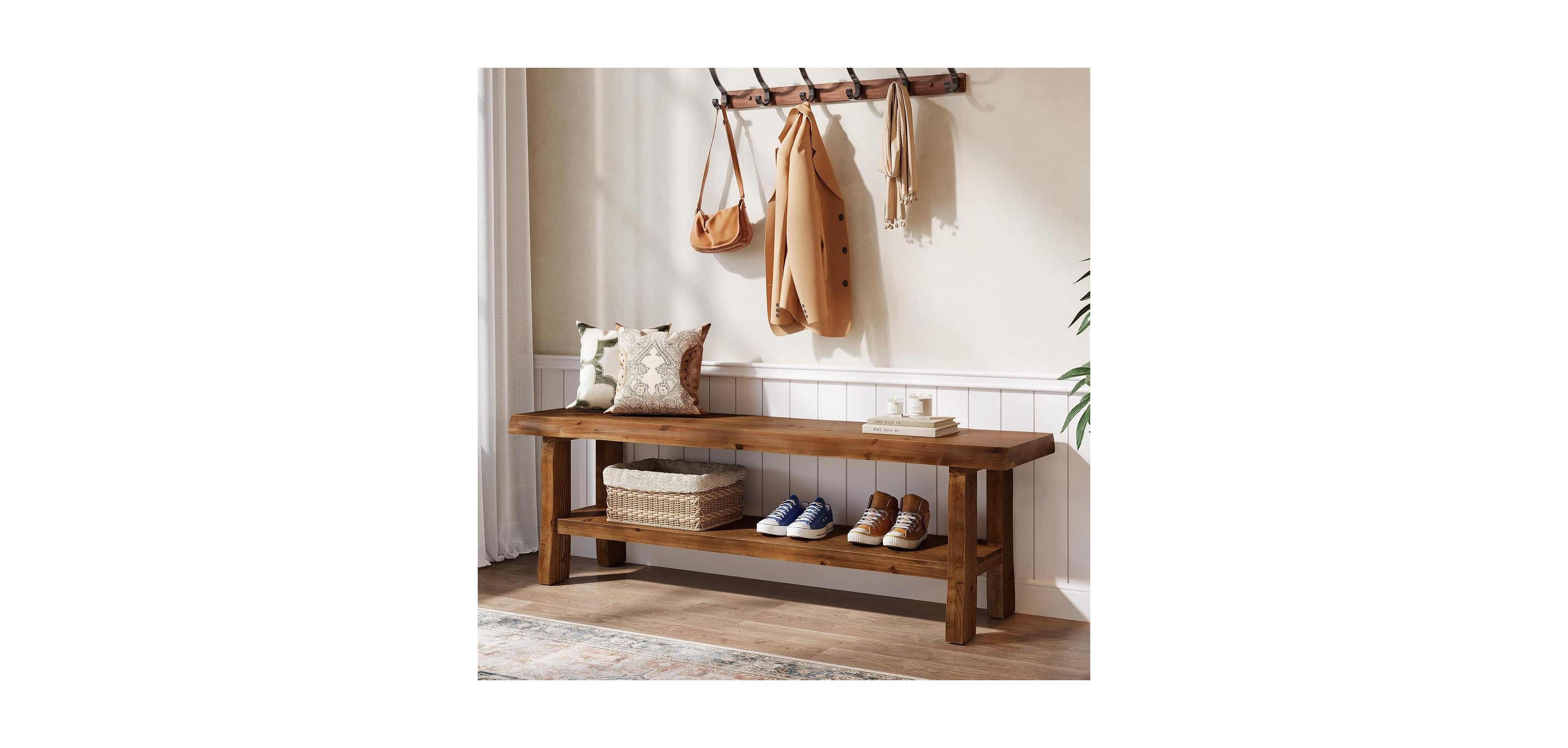 Tribesigns Solid Wood Shoe Storage Bench, 55-Inch Entryway Bench with Lower Shelf, Farmhouse End of Bed Stool or Bedroom, Living Room, Hallway