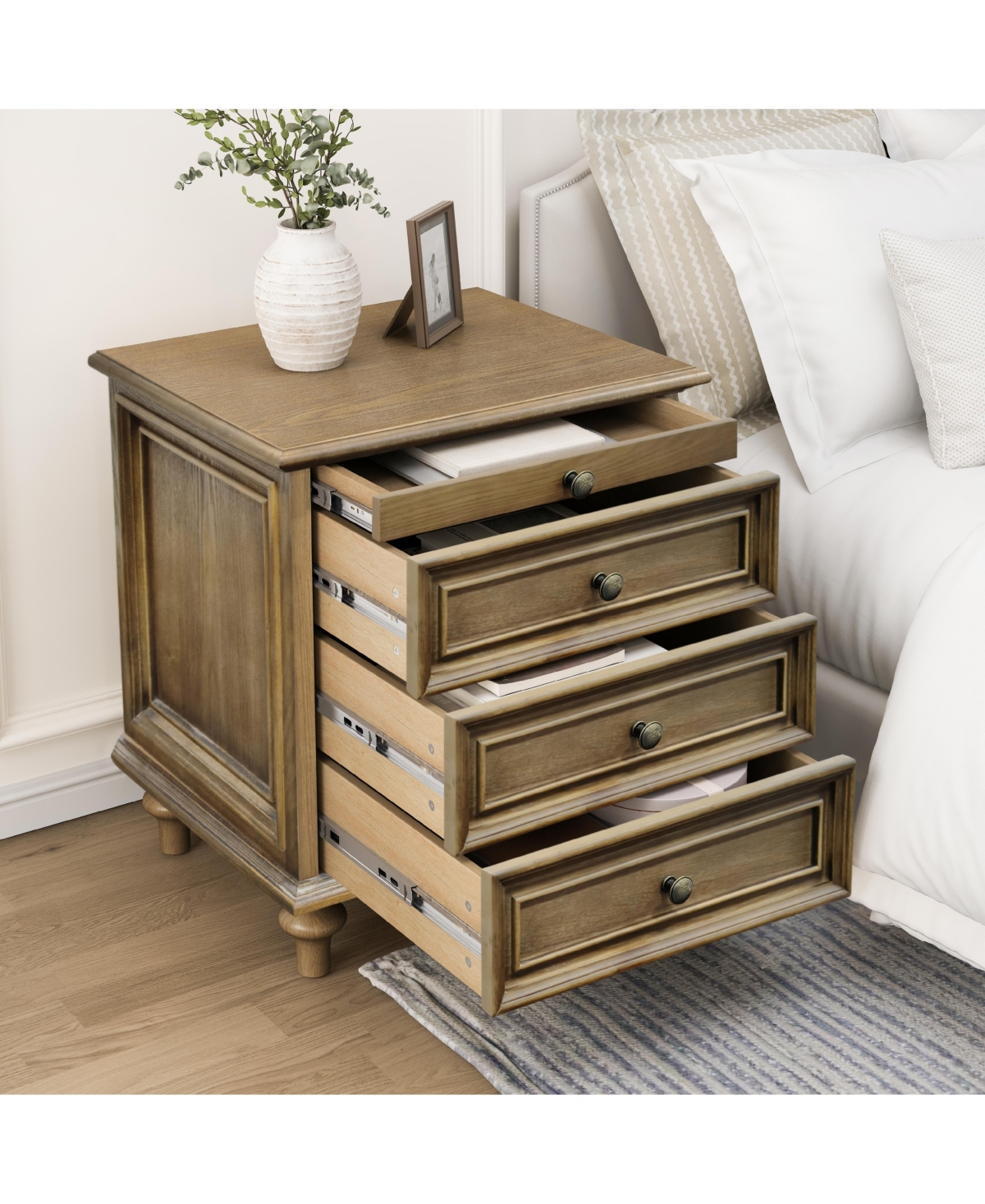 Flynama Farmhouse Nightstand, 4 Drawers and Pull-Out Tray Wood Side Table