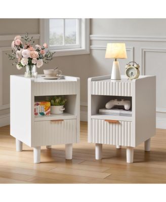 2 Pack Fluted Nightstand, Integrated Base Bedside Table with Drawer and Open Cubby