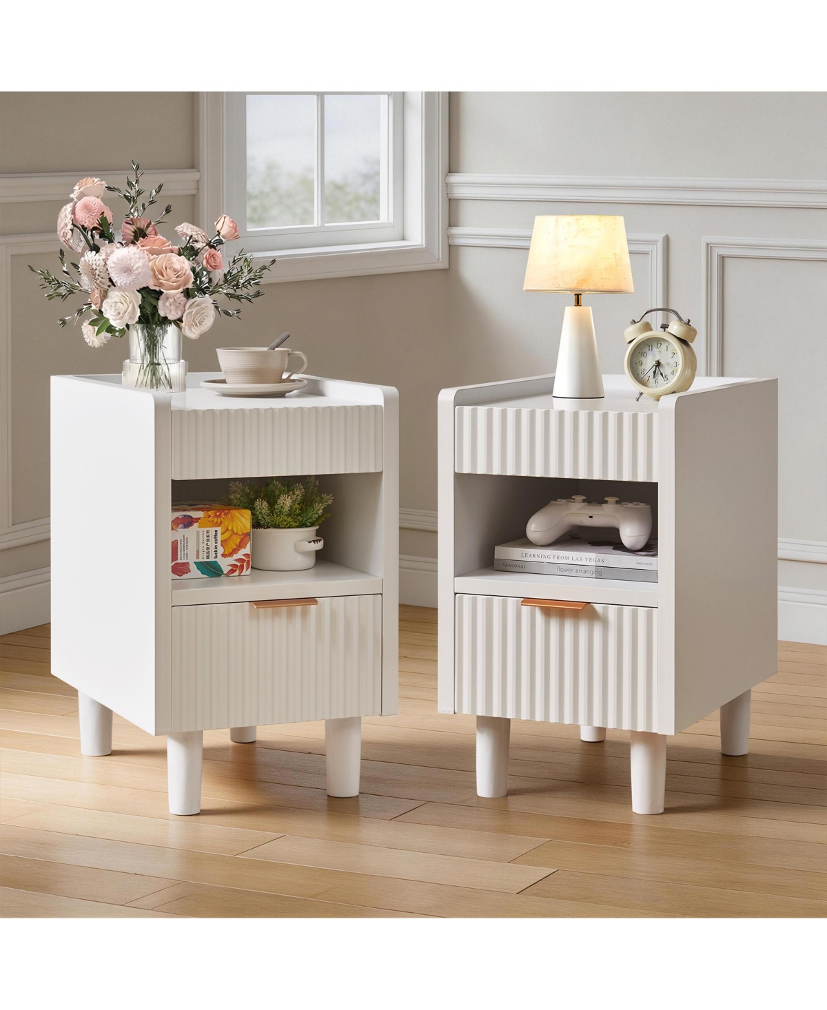 Flynama 2 Pack Fluted Nightstand, Integrated Base Bedside Table with Drawer and Open Cubby - White