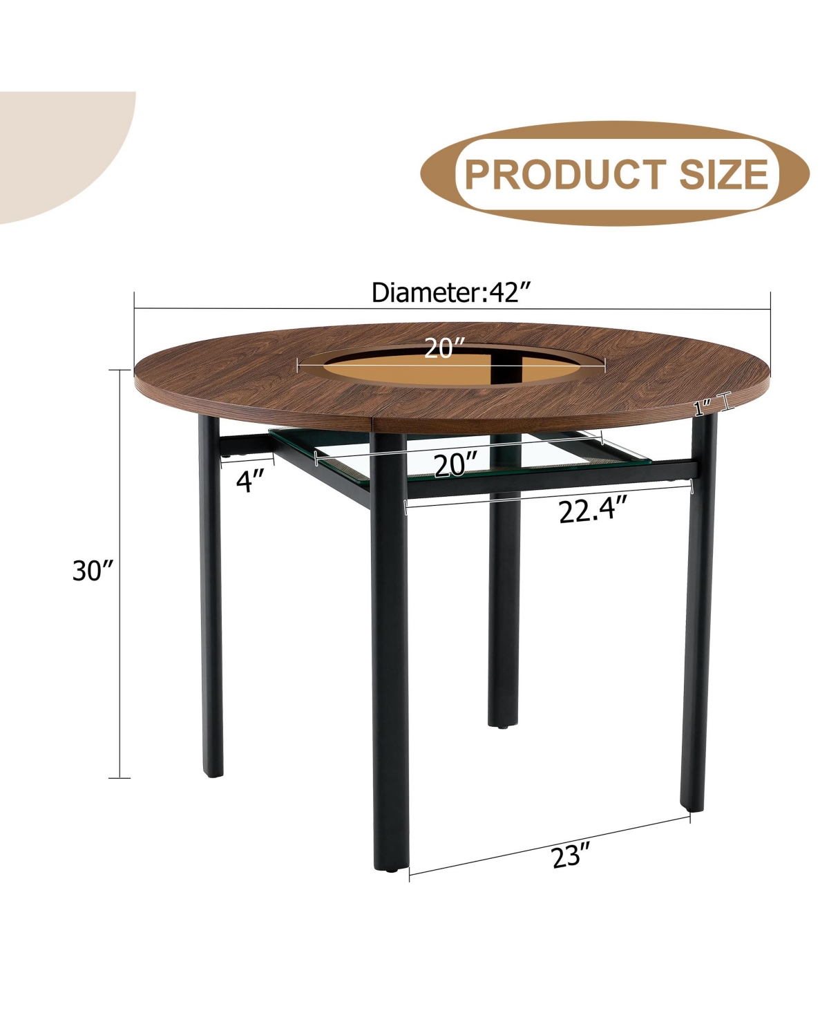 Flynama Round Wood Grain Dining Table with Glass Inlay and Glass Shelf