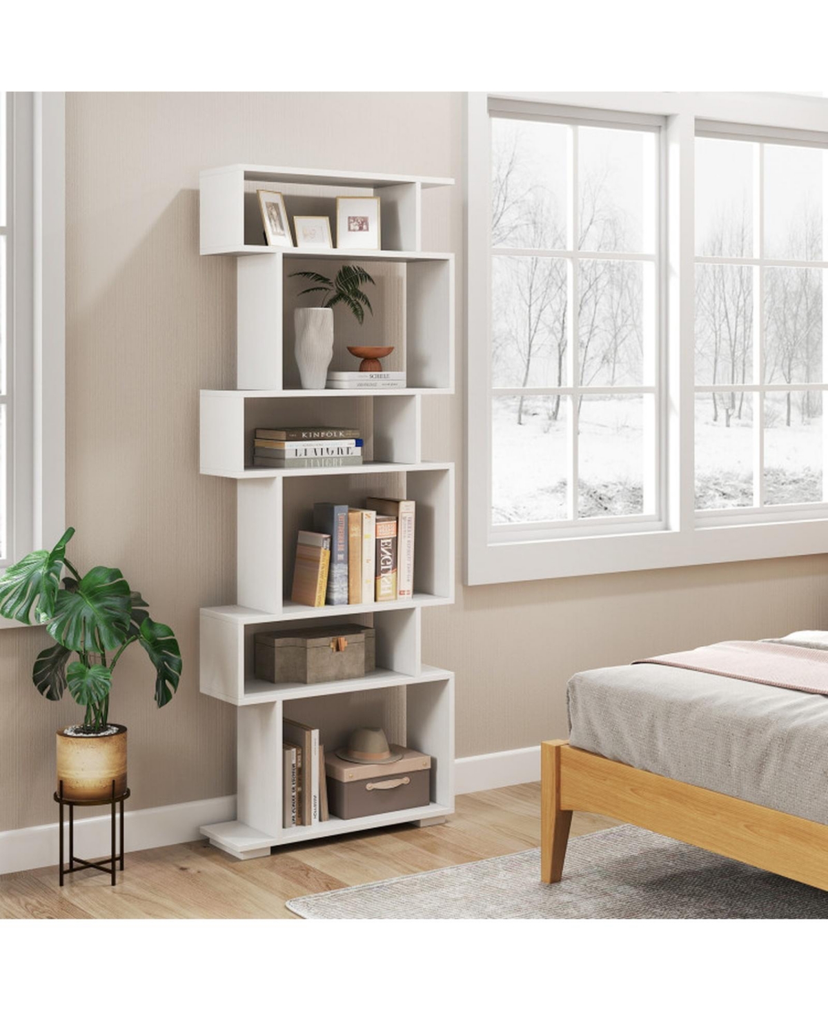Sugift 6-Tier Geometric S-Shaped Bookshelf with 2 Anti-Tipping Kits for Home Office