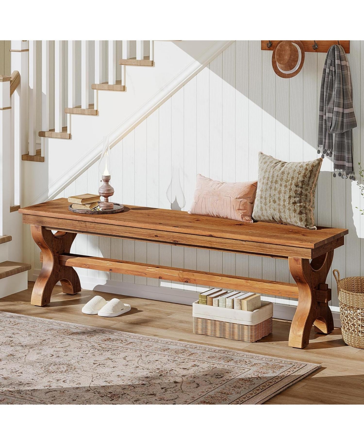 Tribesigns Solid Wood Entryway Bench, 55-Inch Farmhouse Indoor Bench