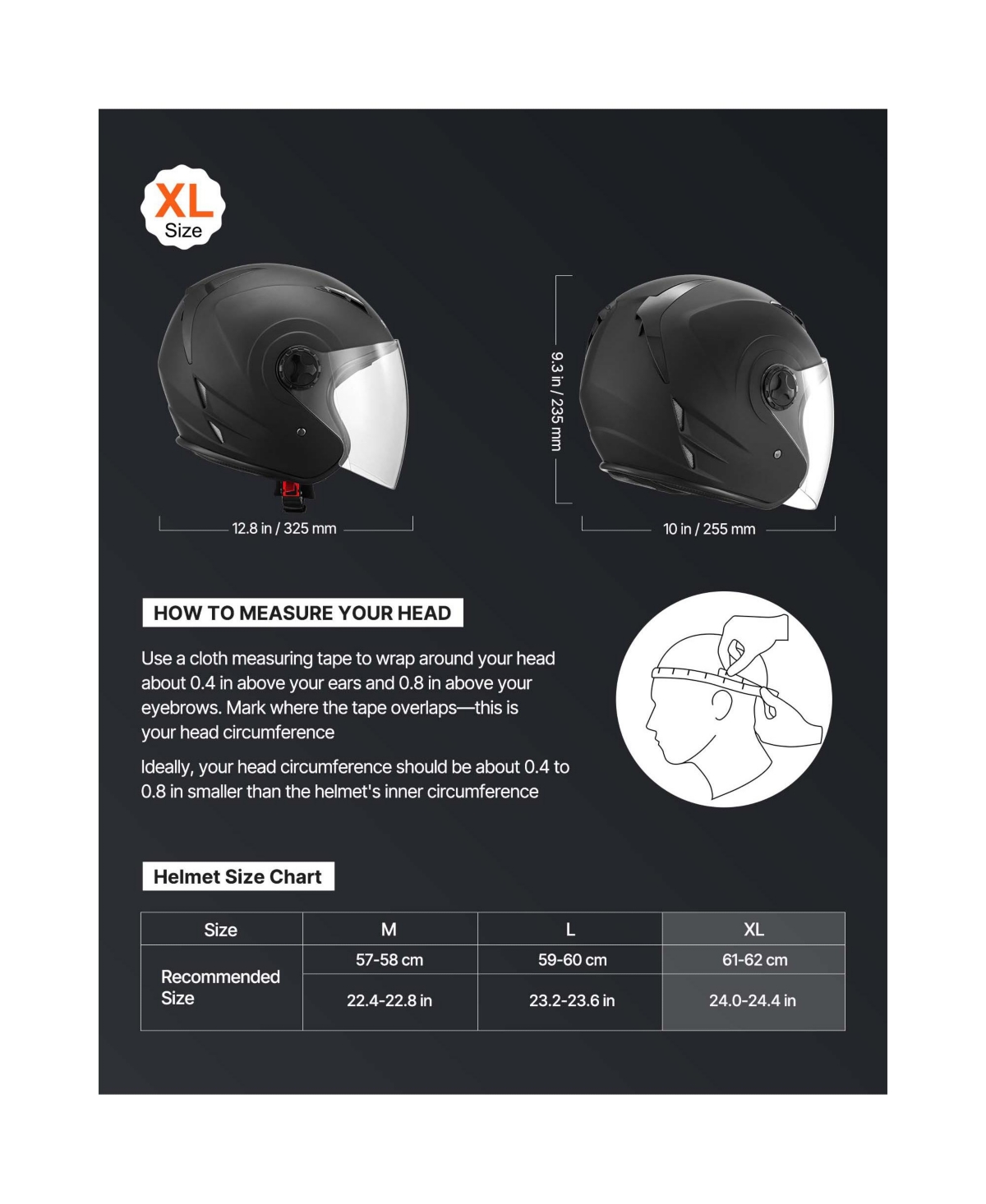 Sugift Open Face Three Quarter Motorcycle Helmet Size Extra Large with Clear Visor