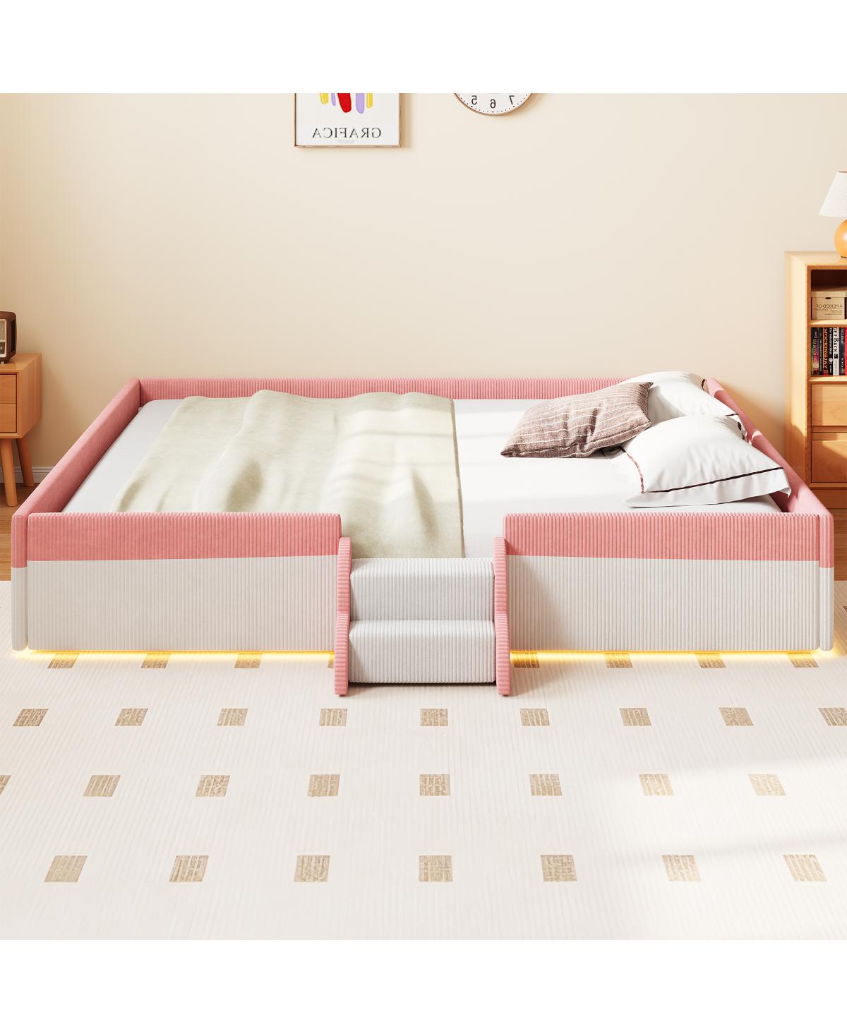 Streamdale Furniture King Size Upholstered Floor Bed with Fence and Led Lights