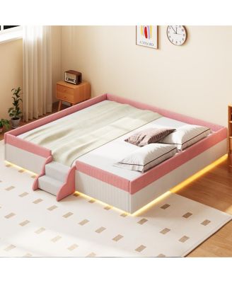  King Size Upholstered Floor Bed with Fence and LED Lights