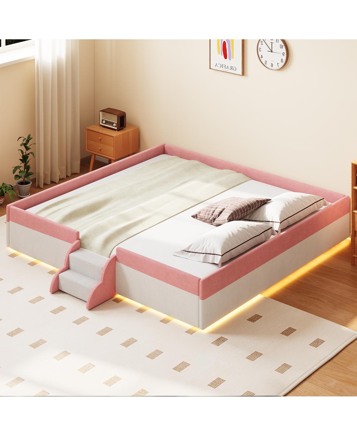 Streamdale Furniture King Size Upholstered Floor Bed with Fence and Led Lights