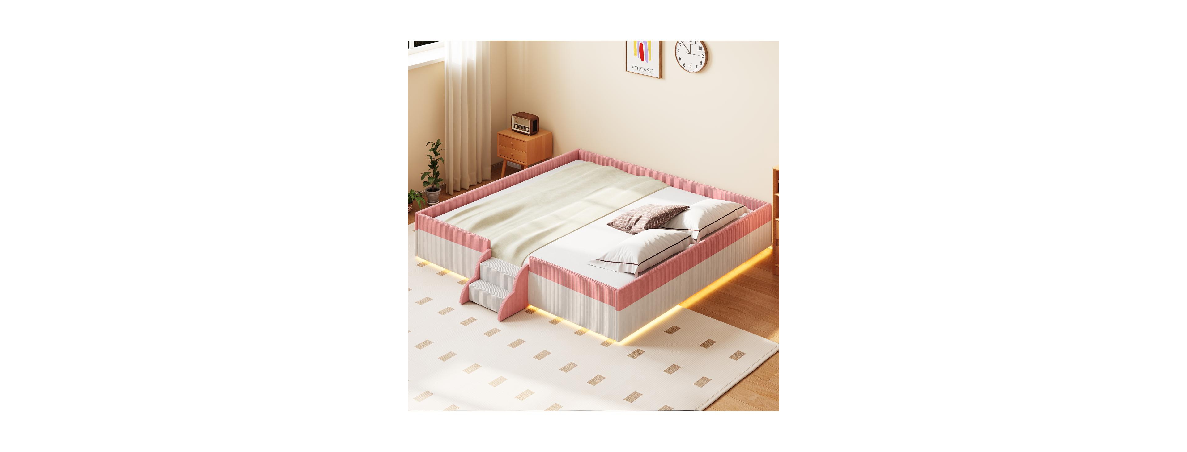 Streamdale Furniture King Size Upholstered Floor Bed with Fence and Led Lights