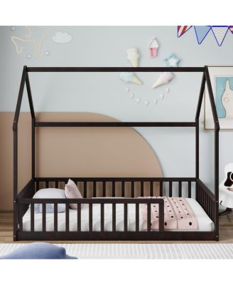  Twin Wood House Floor Bed with Guardrails