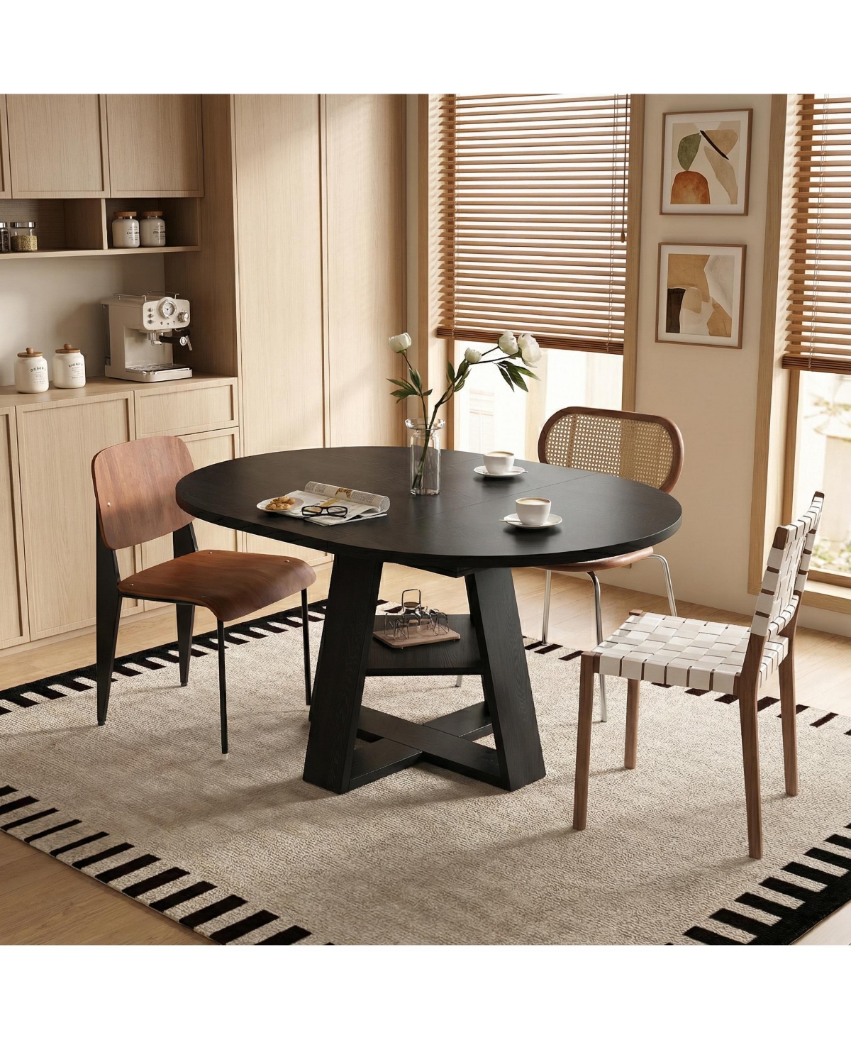 flynama Extendable Round Dining Table for 4-8, Modern Oval Kitchen Table with Storage Shelf, Black