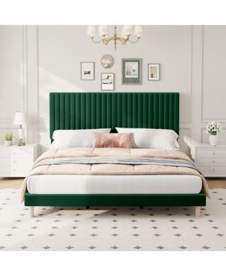 Velvet Bed Frame, Vertical Channel Tufted Headboard, Height Adjustable, Upholstered Platform Bed, No Box Spring Needed