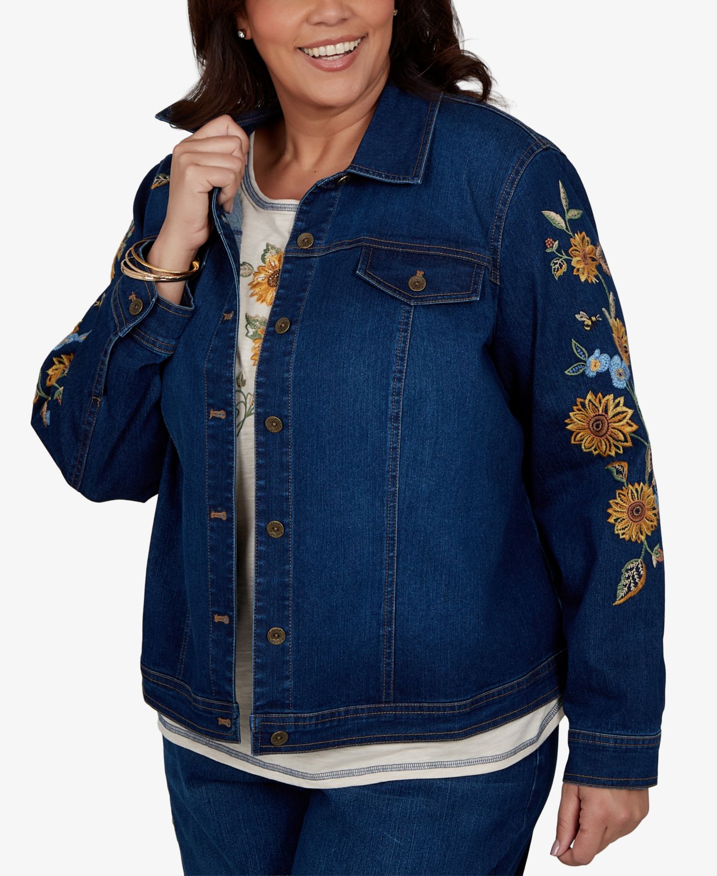 Женская куртка Alfred Dunner Plus Size Floral-Embroidered Denim, цвет: Индиго — фото 3