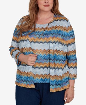 Plus Size 3/4-Length Sleeve Scoop Neck Two-Piece Look Knit Top