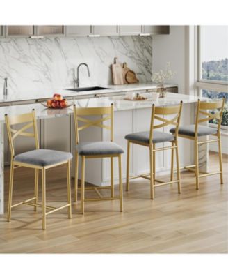 Set of 4 25.5" Upholstered Counter Height Bar Stools with Back and Metal Legs