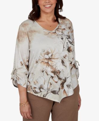 Plus Size Floral-Print V-Neck 3/4-Sleeve Blouse