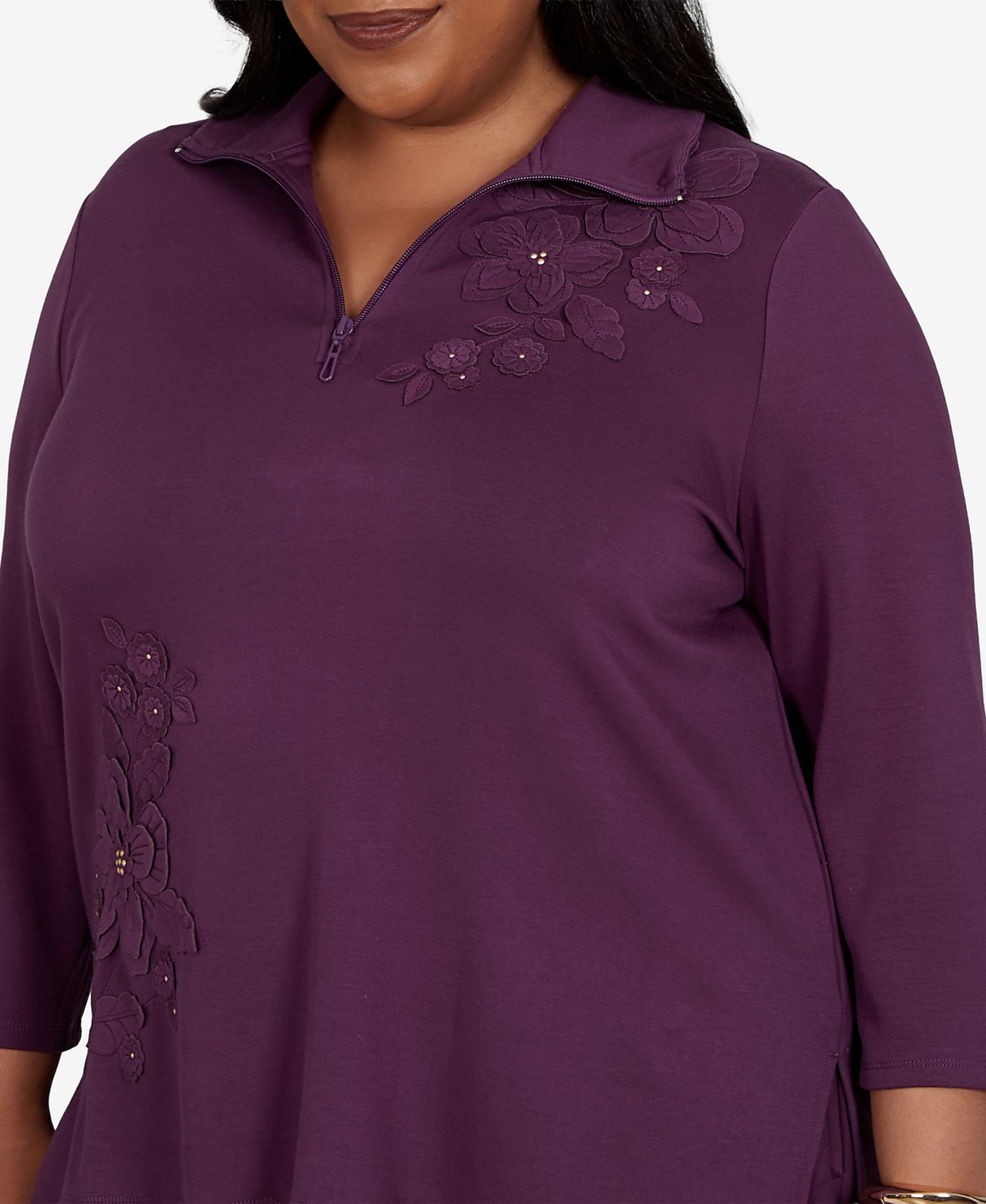 Женский топ Alfred Dunner Plus Size 3/4-Sleeve Quarter-Zip Tunic Top, цвет: Сливовый — фото 5