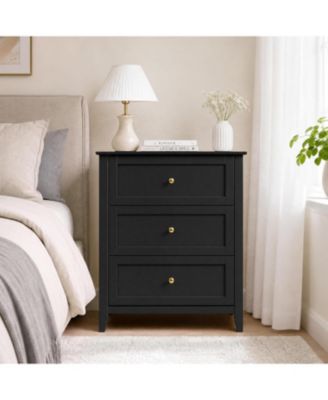 27.5" Black 3-Drawer Dresser with Lacquered Finish and Gold Knobs, Modern Nightstand