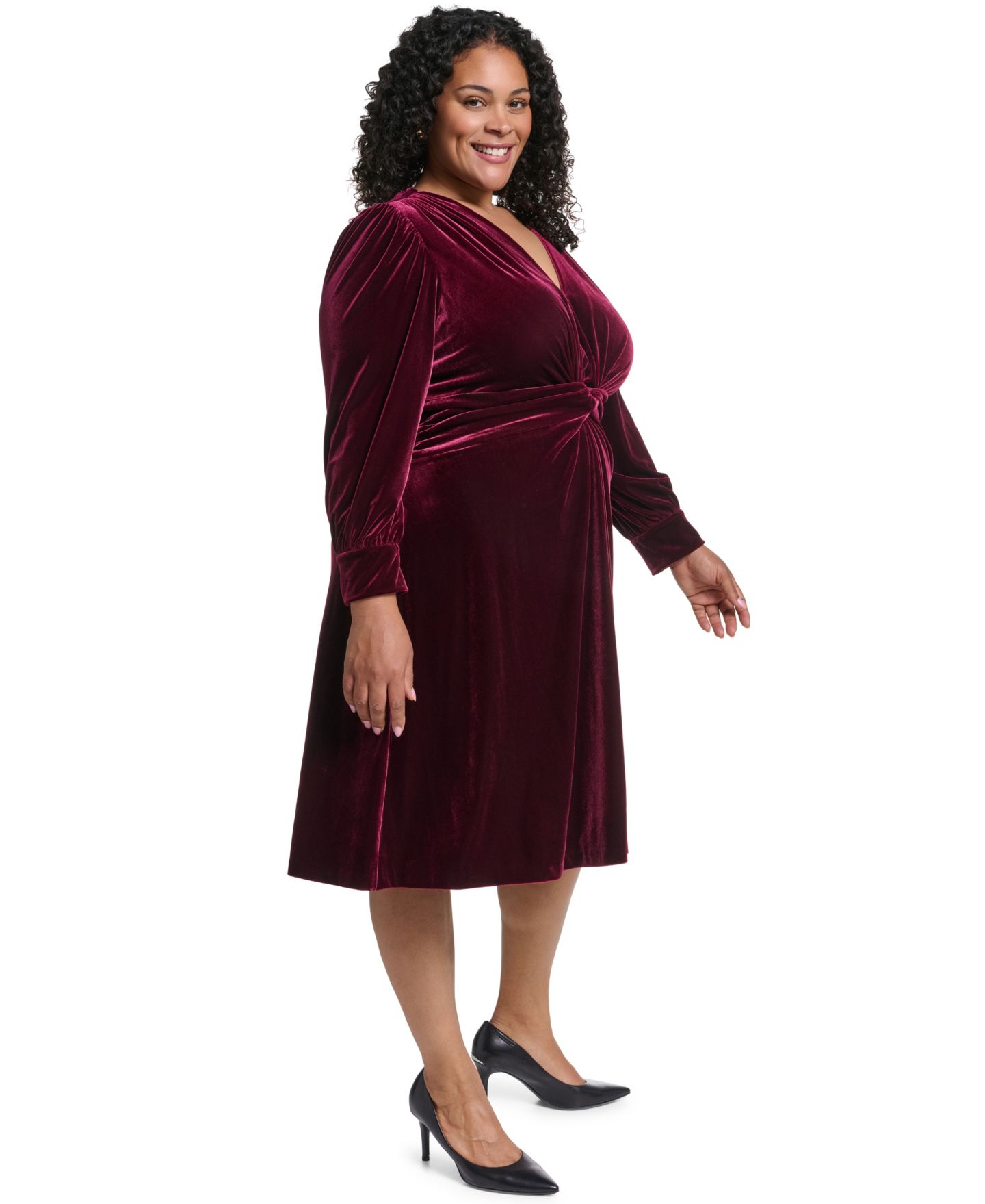 Женское платье Vince Camuto Plus Size Twist Front Long-Sleeve Cocktail V-Neck Velvet, цвет: Винный — фото 3