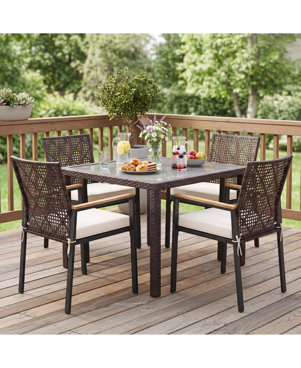 Gymax Patio Dining Chairs Set of 4 w/Acacia Wood Armrests Soft Padded Cushion for Yard
