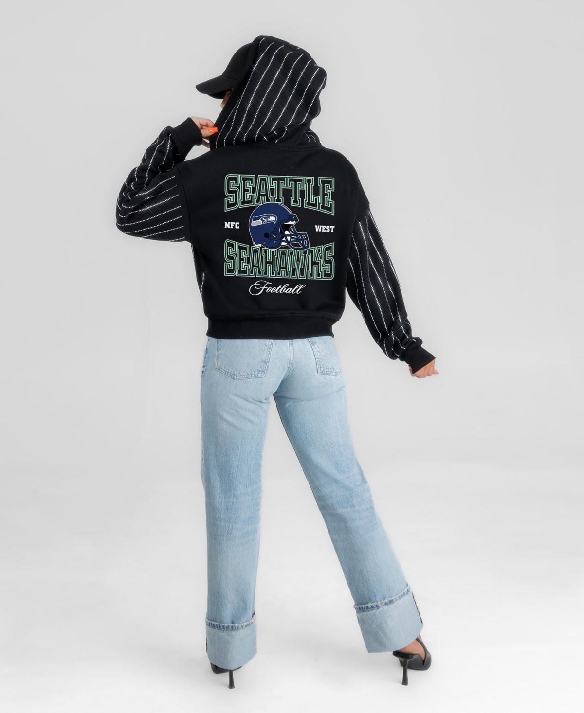 Gameday Couture Women's Seattle Seahawks Eyes on the Prize Cropped Full-Zip Pinstripe Rhinestone Hoodie