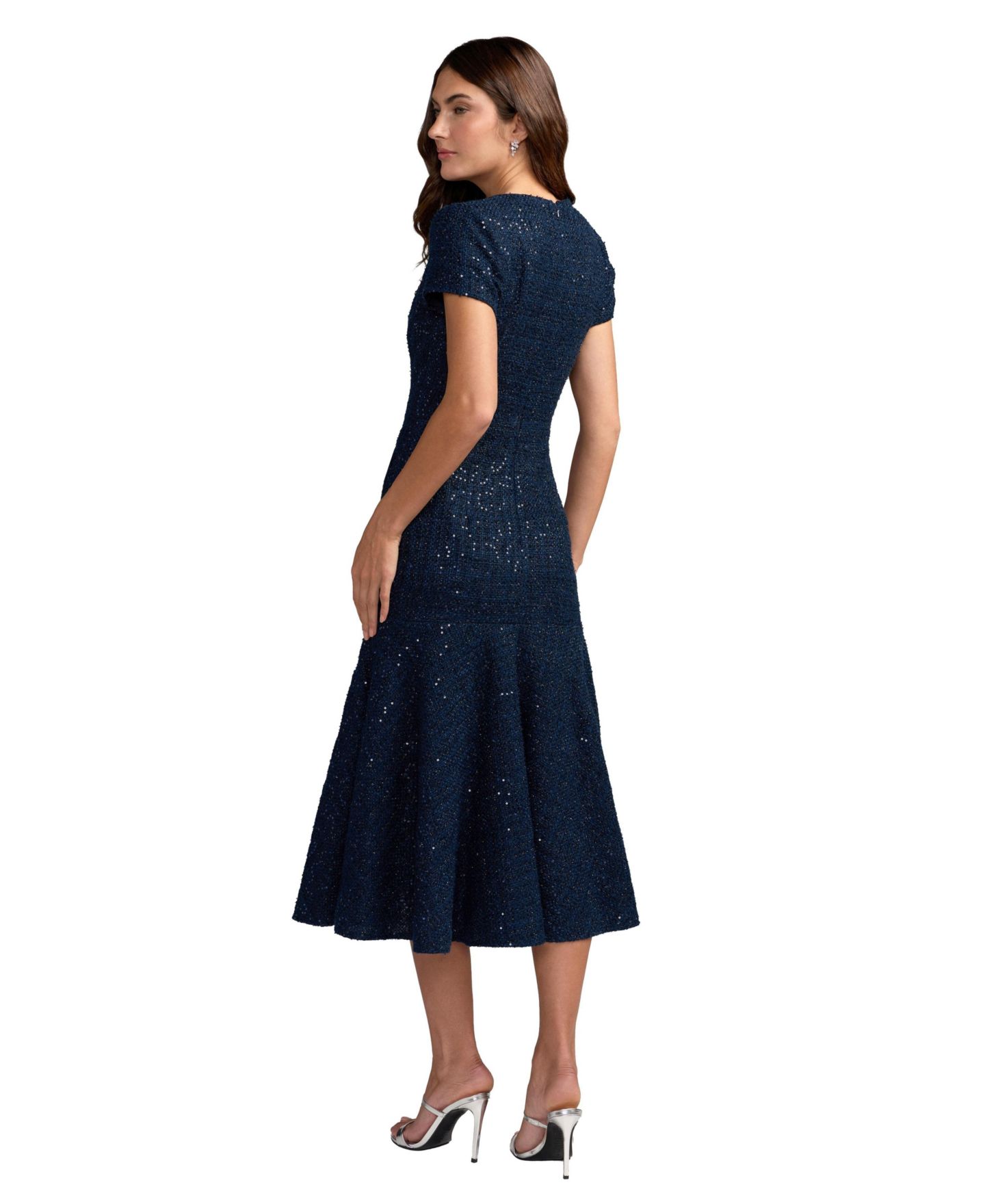 Женское платье Mac Duggal Sequin Tweed Short-Sleeve A-Line Midi, цвет: Тёмно-синий — фото 2