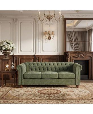 83" Modern Couch Green Chenille Chesterfield Sofa 3-Seater with Rolled Arms, Button Tufted Back, Nailhead Trim and Rubberwood Legs