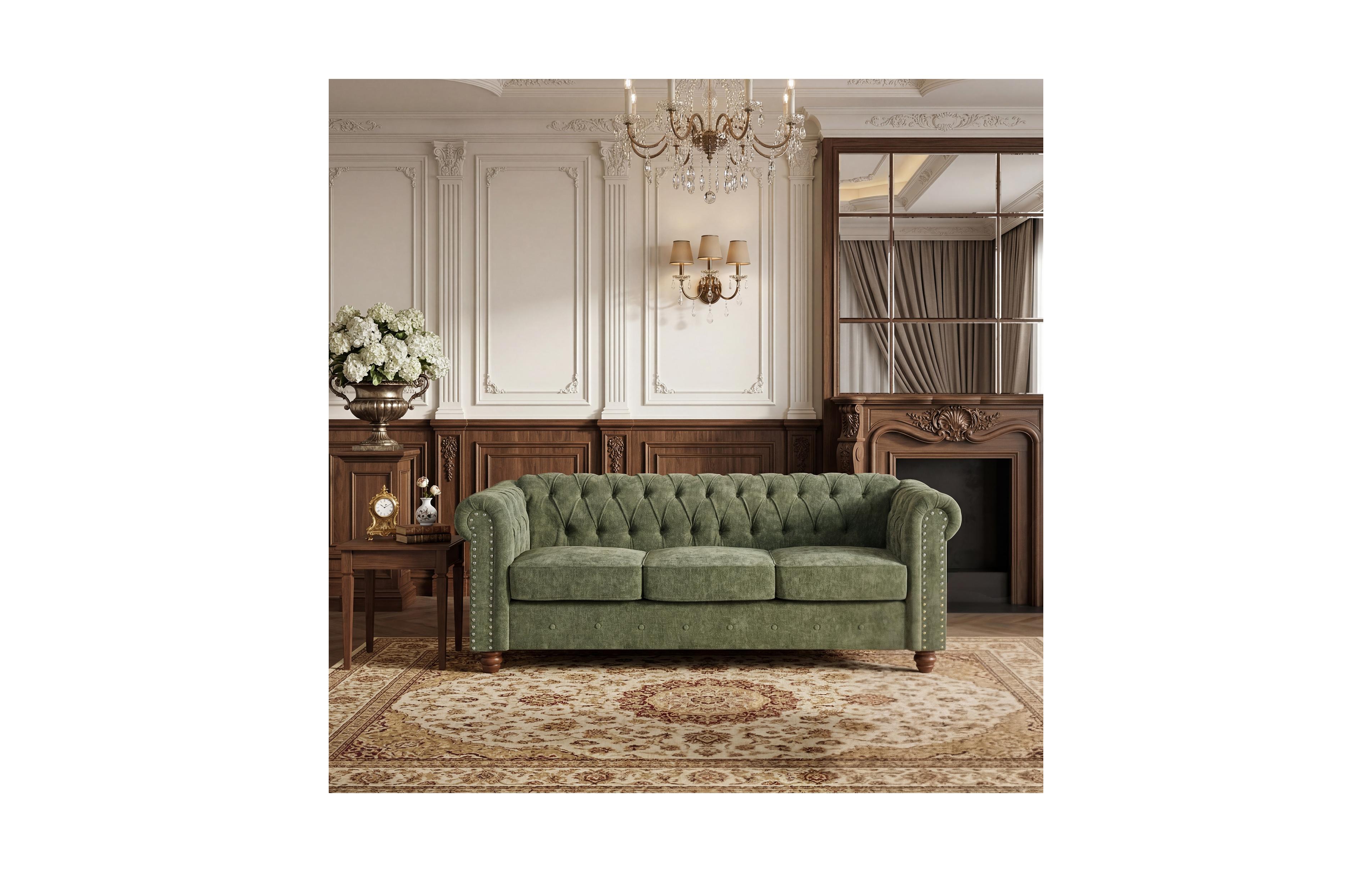 Morden Fort 83" Modern Couch Green Chenille Chesterfield Sofa 3-Seater with Rolled Arms, Button Tufted Back, Nailhead Trim and Rubberwood Legs