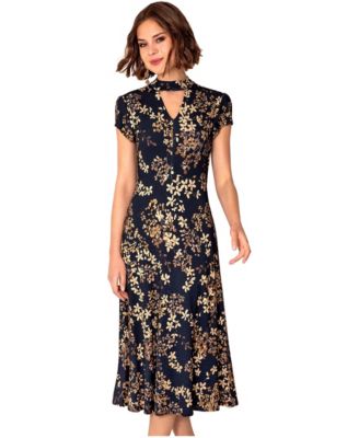 Women's Choker Keyhole Midi Dress Floral Skirt