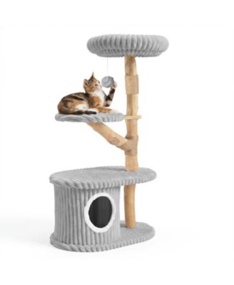 41 Inch Tall Modern Cat Tower with Real Wood Branches Scratching Posts Cozy Bed