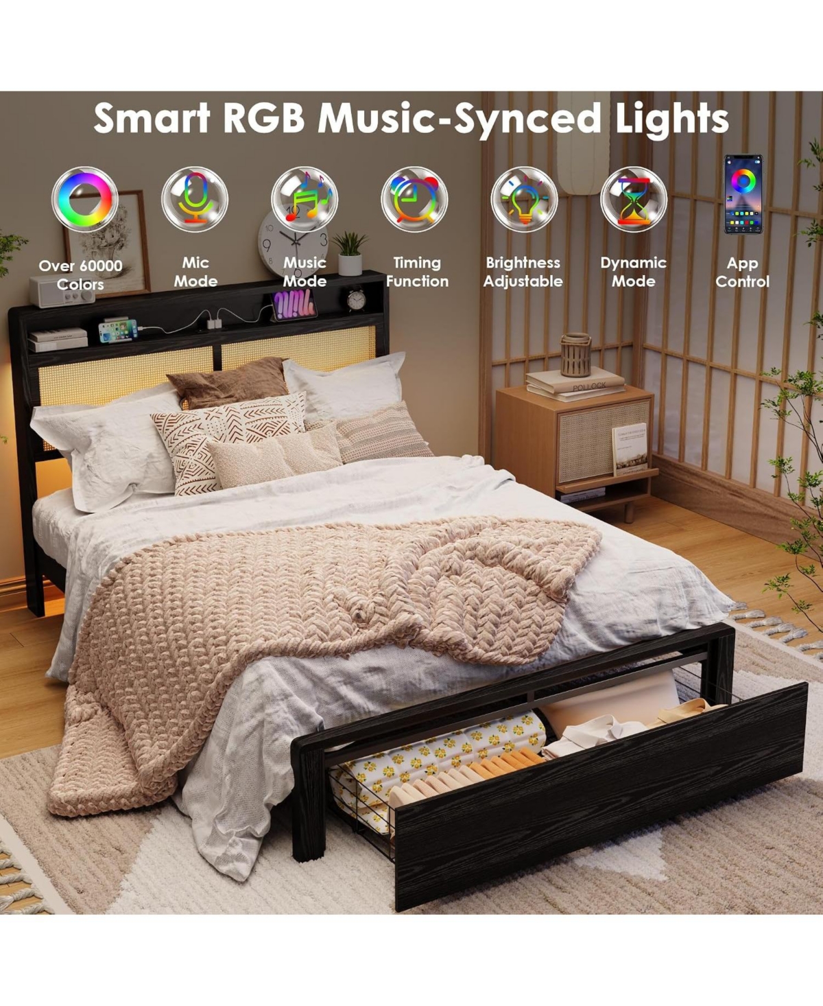 gaomon Rattan Bed Frame with Storage Drawer and Led Lights, Platform Charging Station, Headboard Shelf, Cane Panels