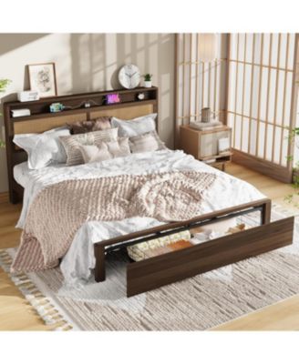 Rattan Bed Frame with Storage Drawer and LED Lights, Platform Bed with Charging Station, Headboard Shelf, Cane Panels, Wooden Slats