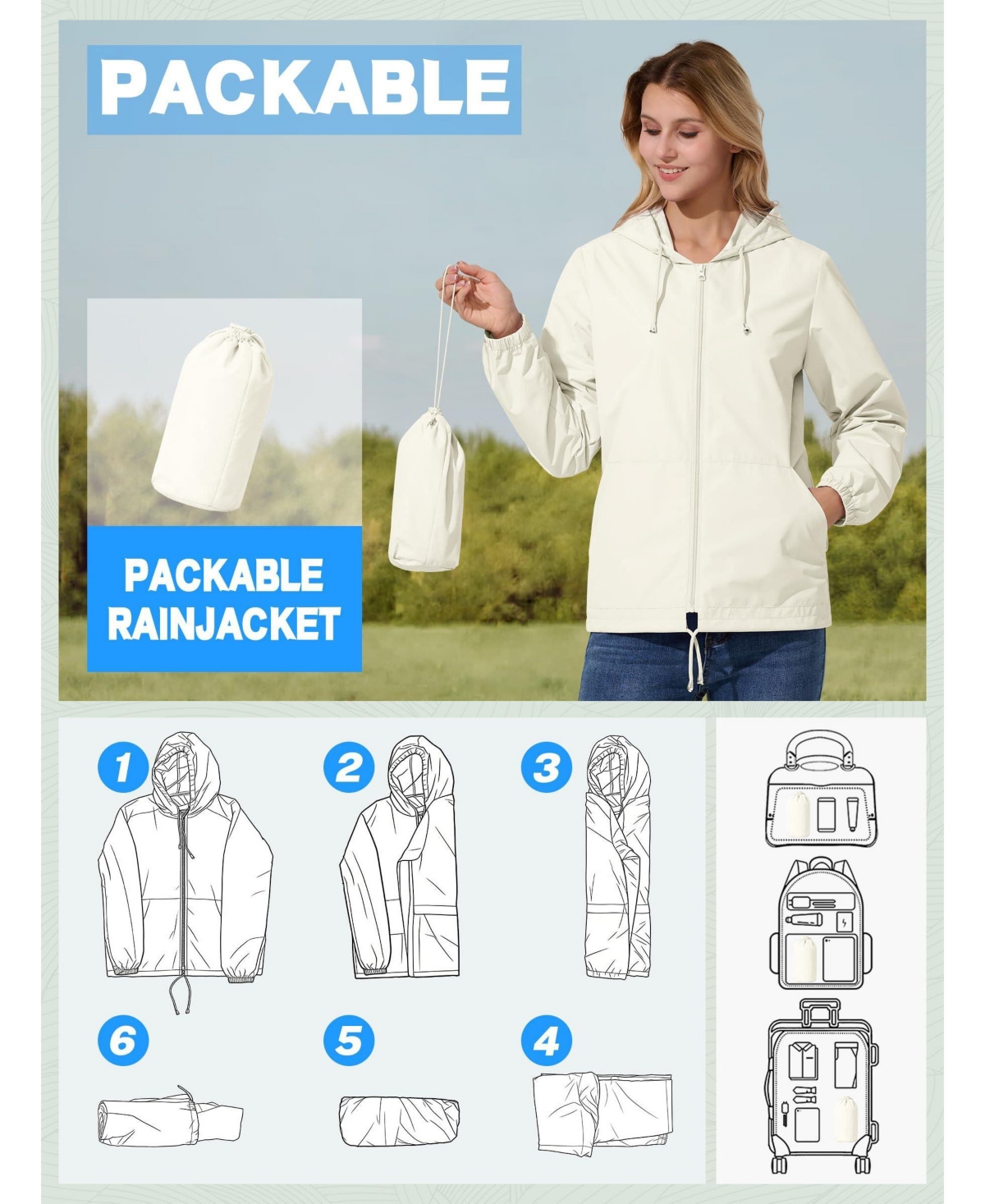 Piscifun Women's Lightweight Packable Waterproof Rain Jacket