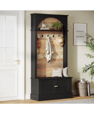 70.86" Hall Tree with Storage Bench: 4-in-1 entryway bench with coat rack, 5 hooks and adjustable shoe storage for hallway.