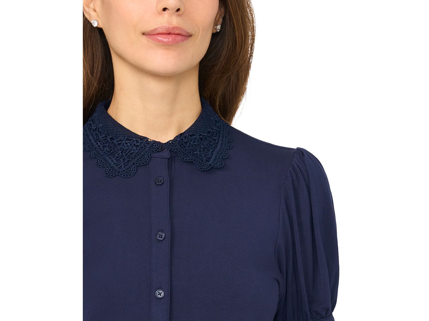 Женская блузка CeCe Short Puff-Sleeve Scallop-Trim Button-Up Blouse, цвет: Тёмно-синий — фото 3
