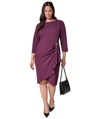 Plus Size Side Hardware Sheath Long-Sleeve Boat-Neck Dress