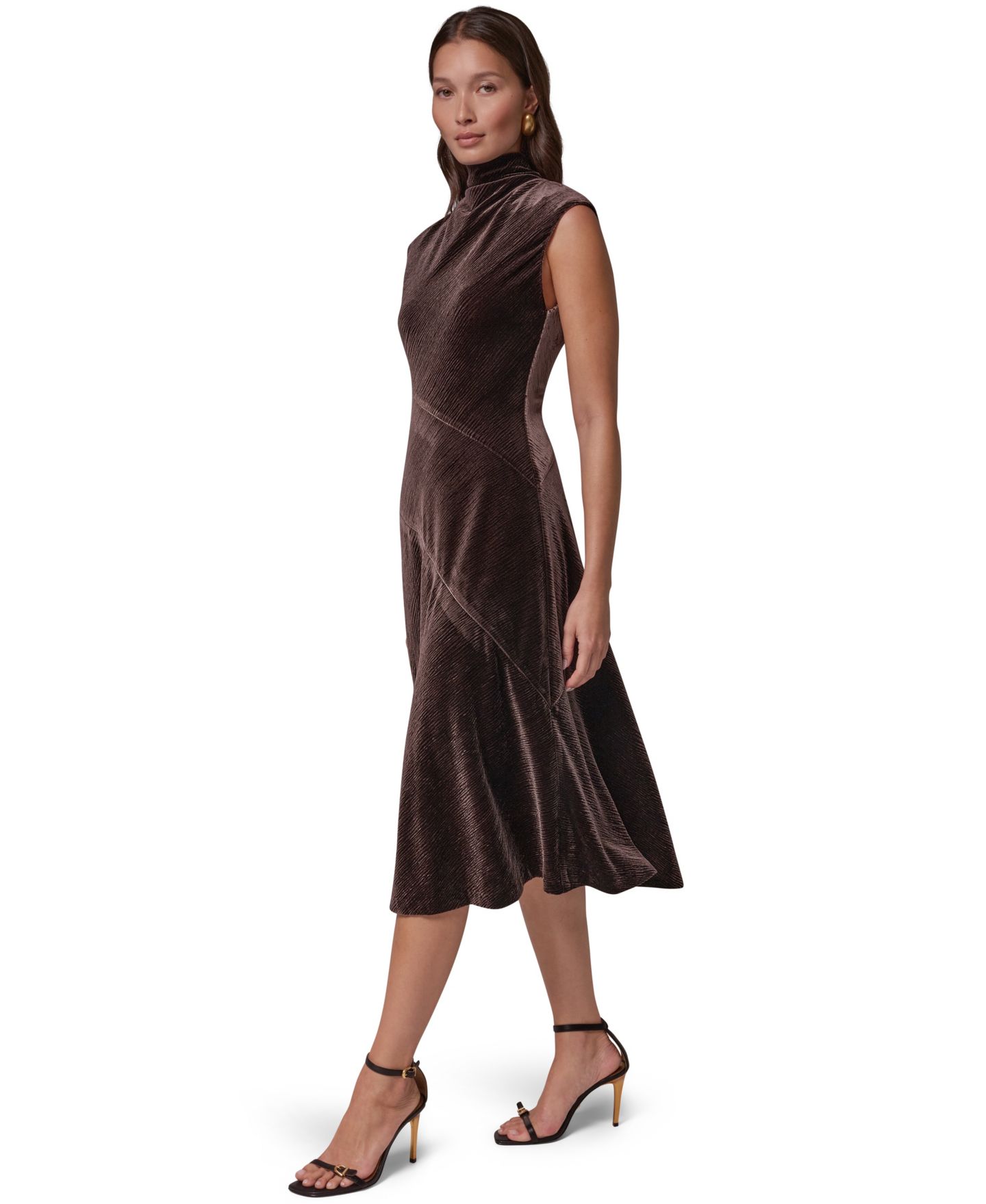 Женское платье Donna Karan New York Mock Neck Crinkled Velvet A-Line, цвет: Тёмно-коричневый — фото 2