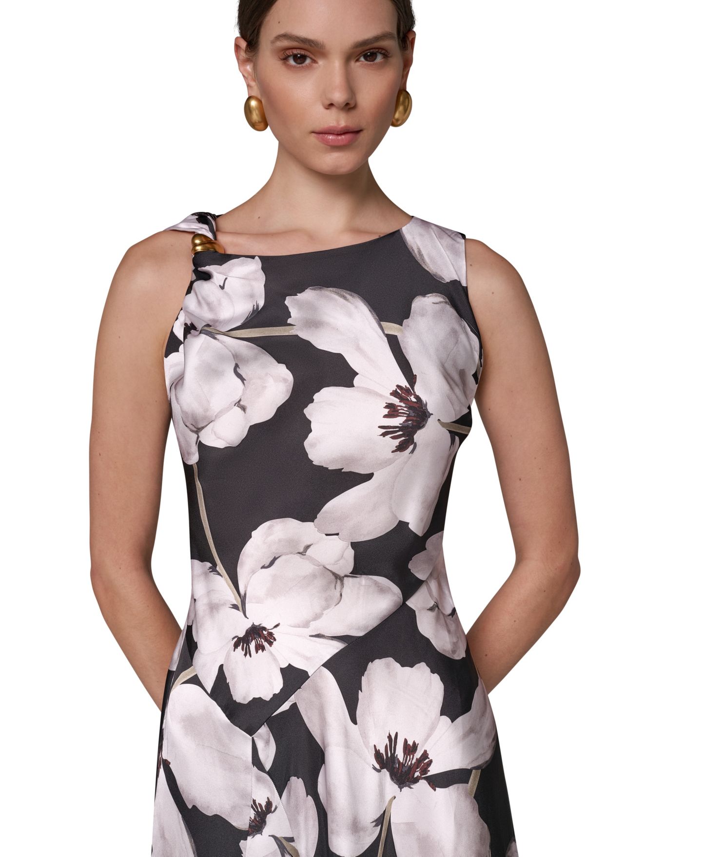 Женское платье Donna Karan New York Floral Asymmetrical Hem Boat Neck Midi, цвет: Чёрный / Слоновая кость разноцветный — фото 3