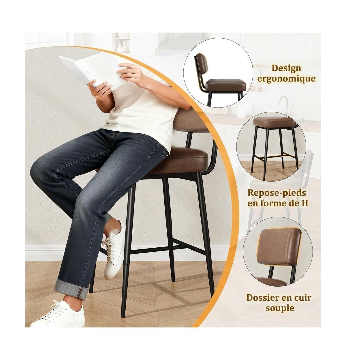 gaomon Set of 4 26 Inch Faux Leather Counter Height Barstools with Backs and Metal Legs for Kitchen Island and Home Bar