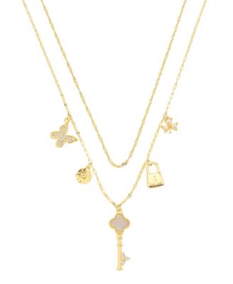 Cubic Zirconia and Imitation Pearl Gold-Plated Lock and Key Charm Layered Necklace Set