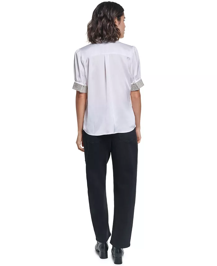 Women's Satin Rhinestone-Cuff Button-Front Top - thumbnail 7