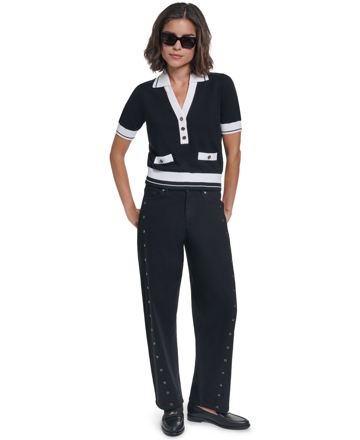 Женский свитер KARL LAGERFELD PARIS Short-Sleeve Collared, цвет: Чёрный / Мягкий белый — фото 6