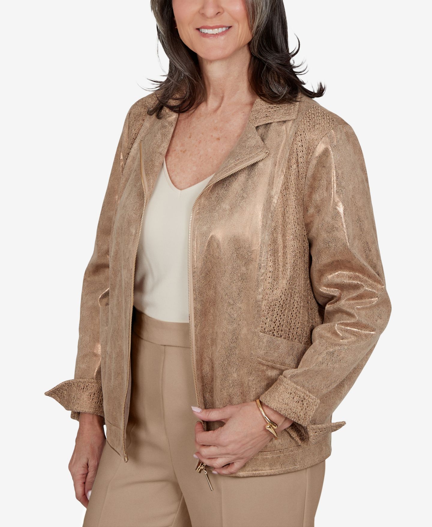 Женская куртка Alfred Dunner Petite 3/4-Sleeve Collared Zip-Front, цвет: Пекан — фото 2
