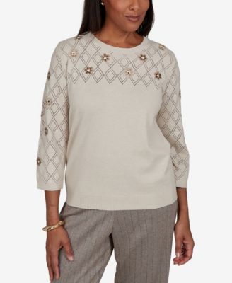 Petite Pointelle Floral Embroidery with Bead Pullover Sweater