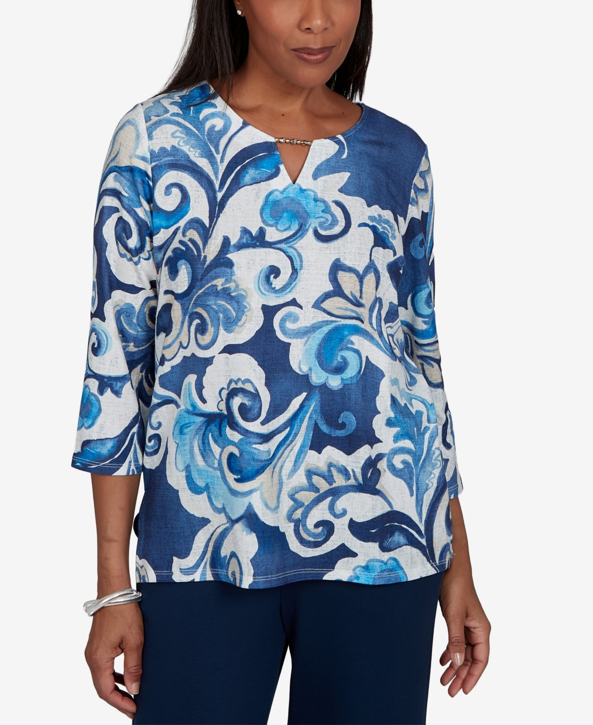 Alfred Dunner Petite Keyhole Neck 3/4-Sleeve Knit Top