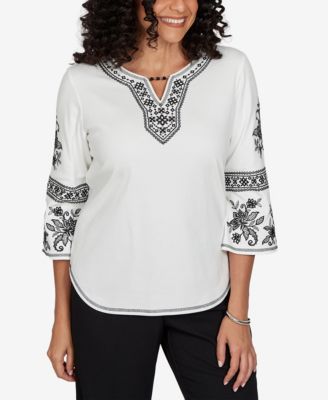 Petite Keyhole Neck 3/4-Sleeve Cotton-Blend Knit Top