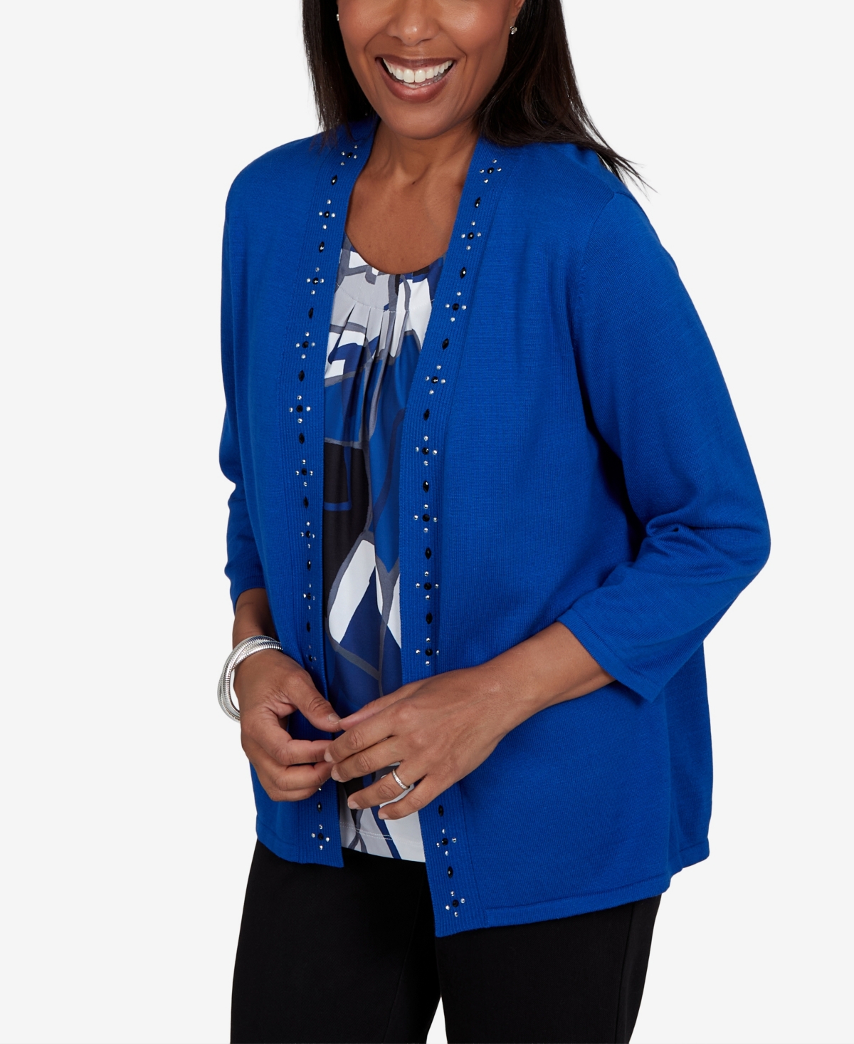 Alfred Dunner Petite Sweatr Pet Shawl-Collar 3/4-Sleeve Cardigan