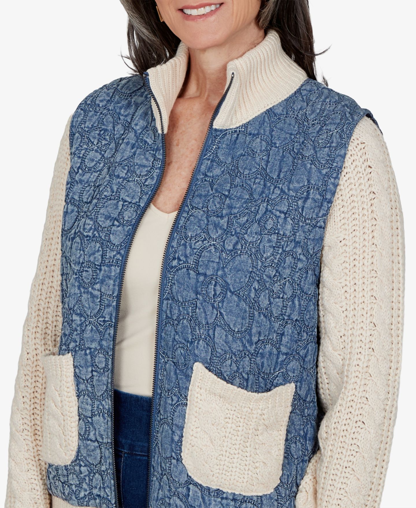 Женская куртка Alfred Dunner Petite Quilted Cable-Knit Short, цвет: Синий — фото 4