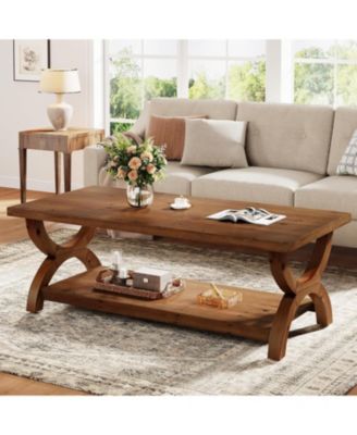 Solid Wood Coffee Table for Living Room, Rectangle Center Tea Table with Storage Shelf