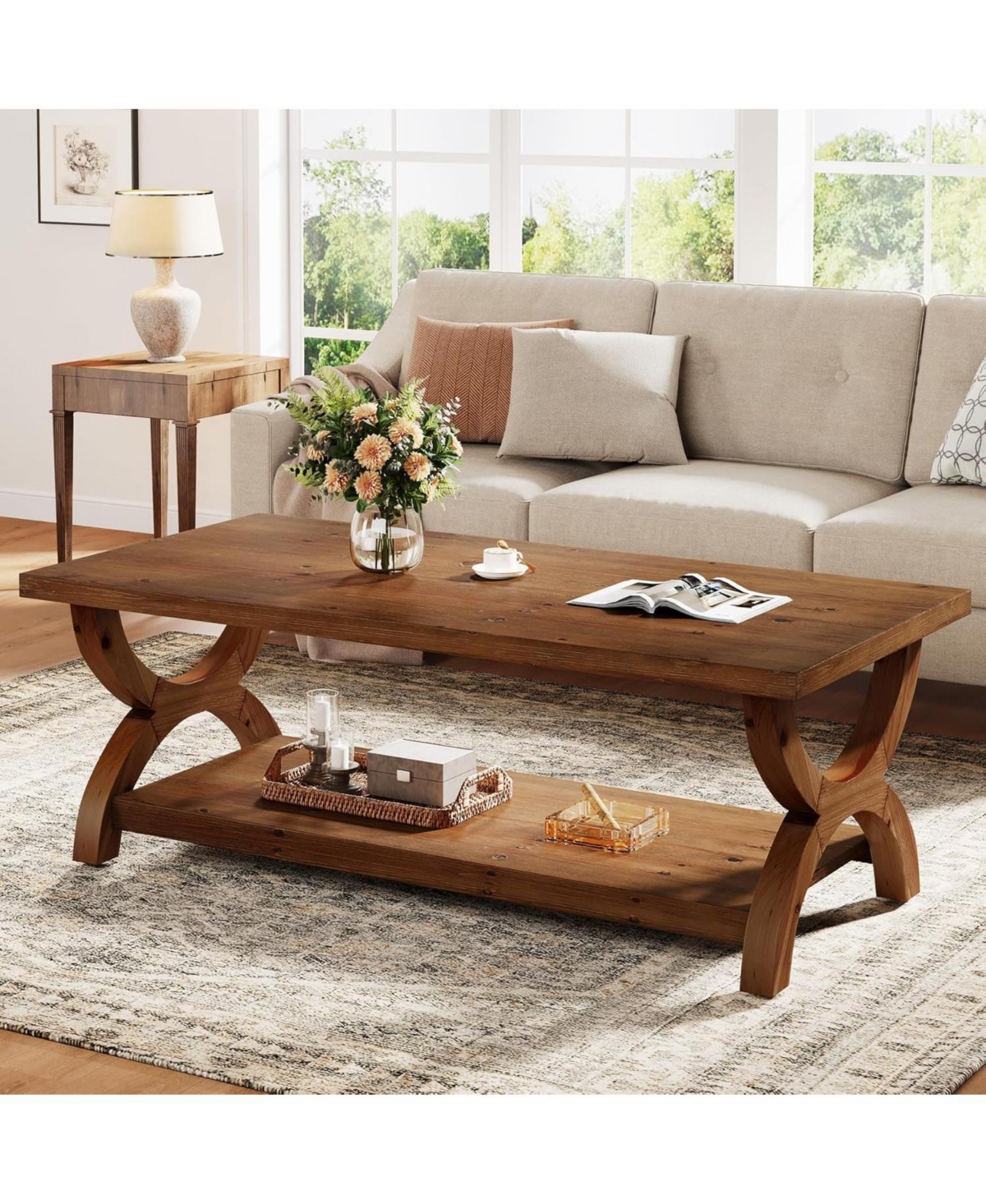 Tribesigns Solid Wood Coffee Table for Living Room, Rectangle Center Tea Table with Storage Shelf