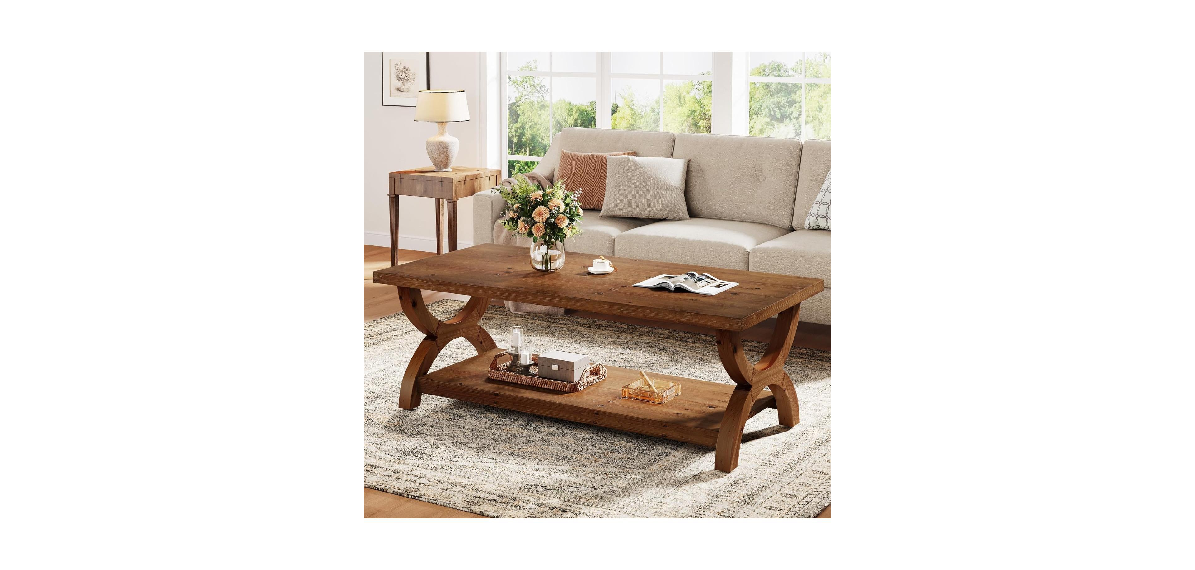 Tribesigns Solid Wood Coffee Table for Living Room, Rectangle Center Tea Table with Storage Shelf